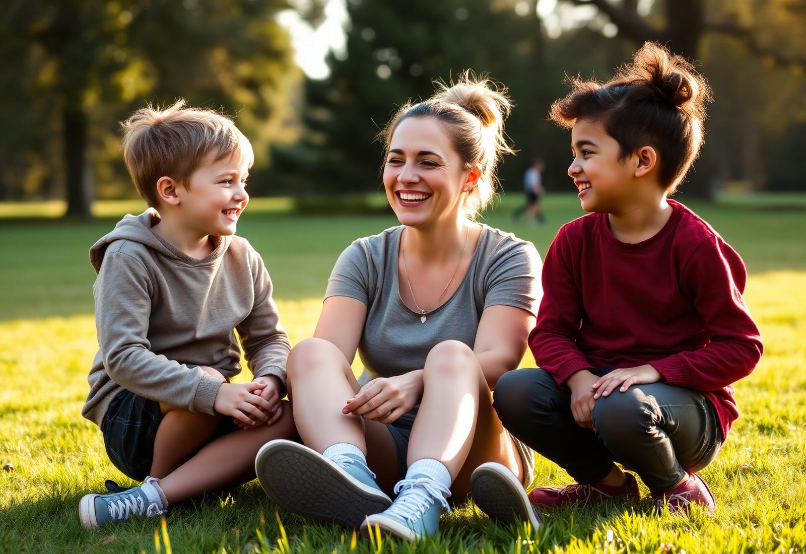 A support worker laughing with two children on the grass